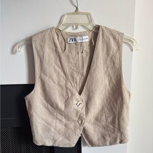 Zara Tan Khaki Linen Cotton Sleeveless Vest Tank Top size Large